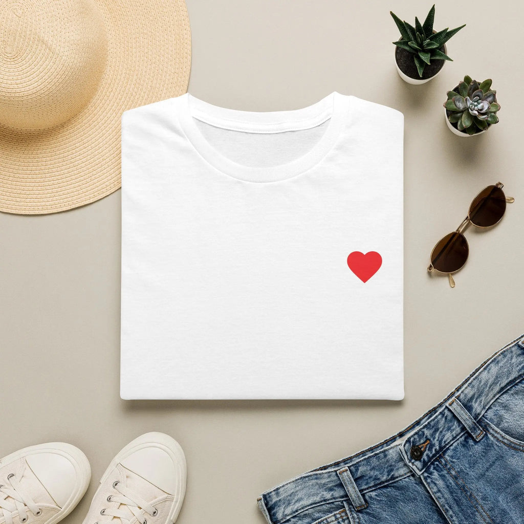 Minimal Red Heart Tee — Small Heart Chest Graphic T-Shirt